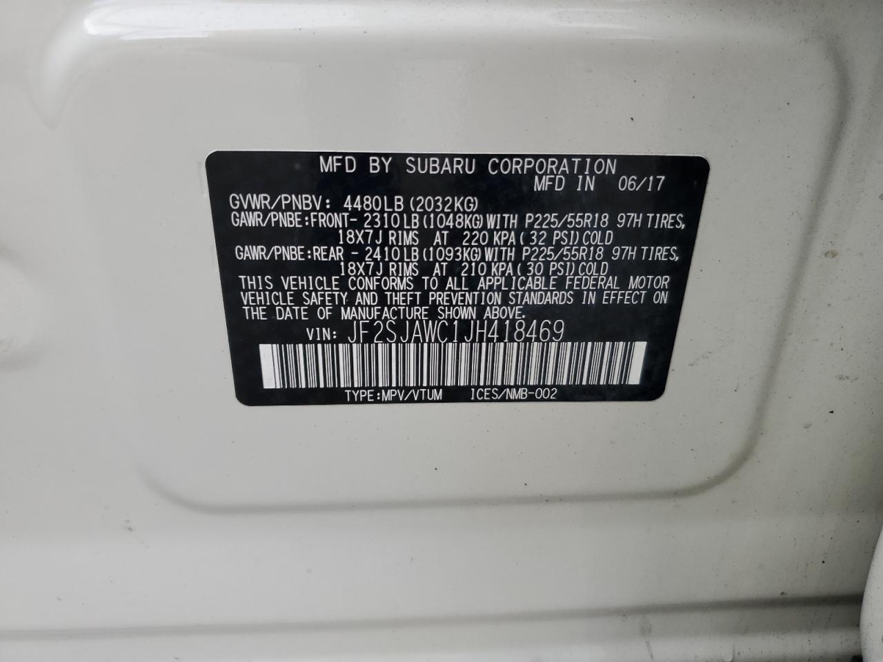 JF2SJAWC1JH418469 2018 Subaru Forester 2.5I Touring