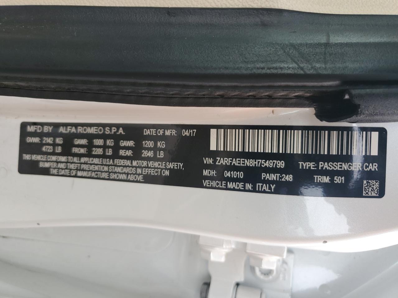 ZARFAEEN8H7549799 2017 Alfa Romeo Giulia Ti Q4