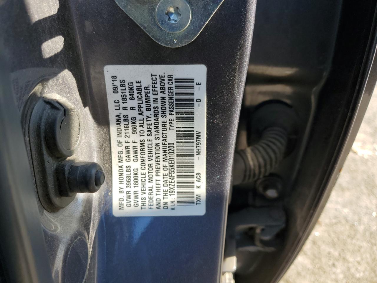 19XZE4F55KE010200 2019 Honda Insight Ex