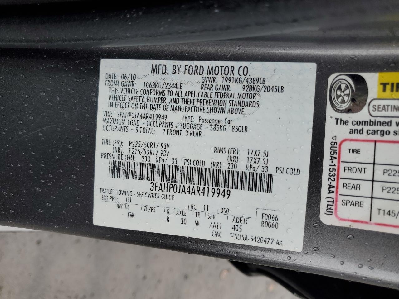 3FAHP0JA4AR419949 2010 Ford Fusion Sel