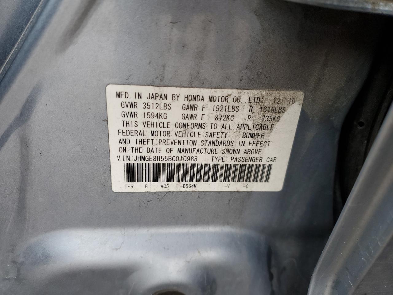 JHMGE8H55BC010988 2011 Honda Fit Sport