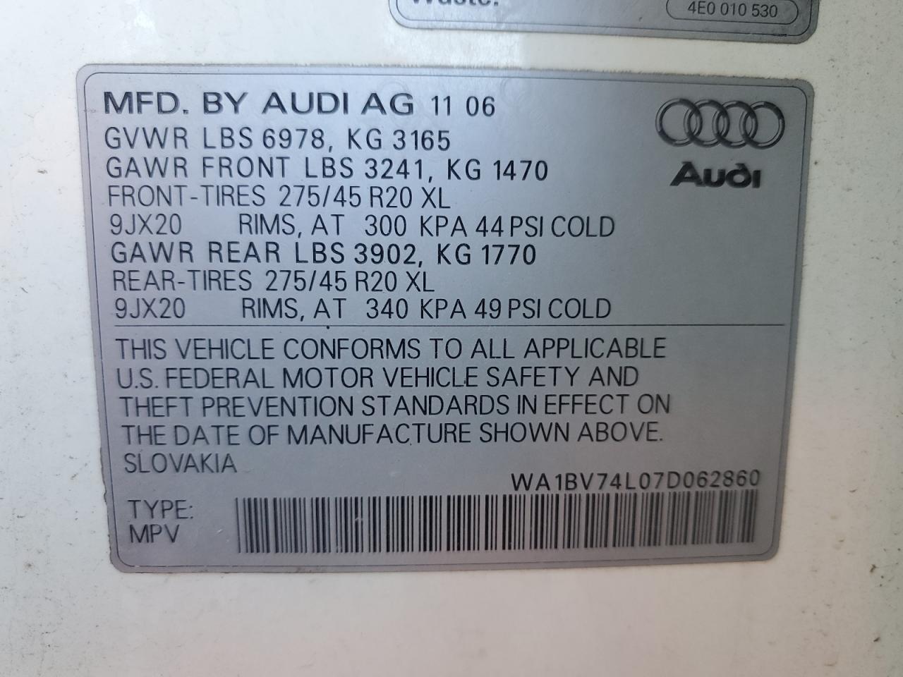 WA1BV74L07D062860 2007 Audi Q7 4.2 Quattro Premium