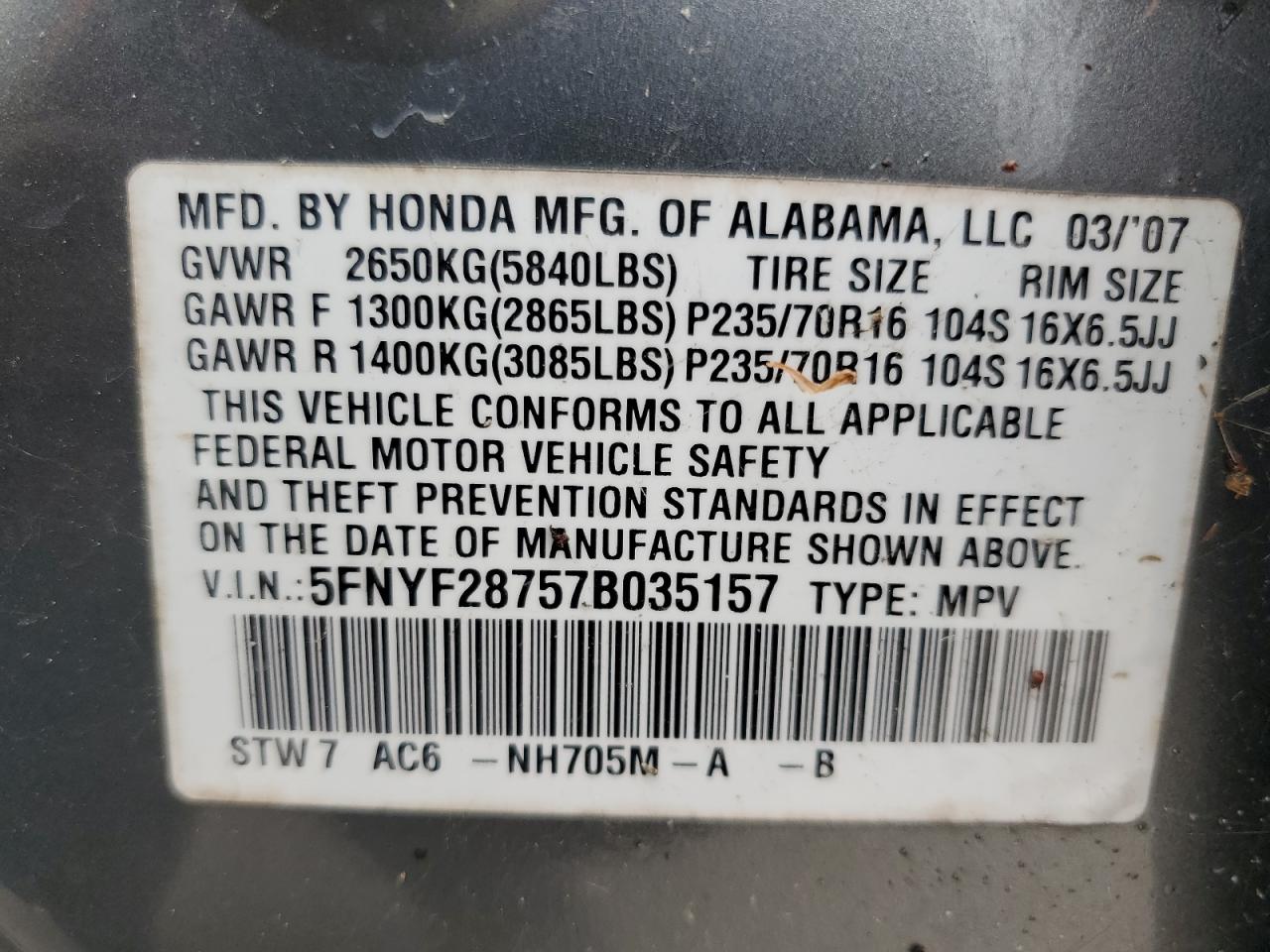 5FNYF28757B035157 2007 Honda Pilot Exl