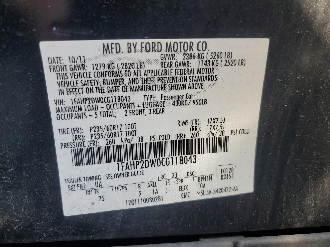 1FAHP2DW0CG118043 2012 Ford Taurus Se