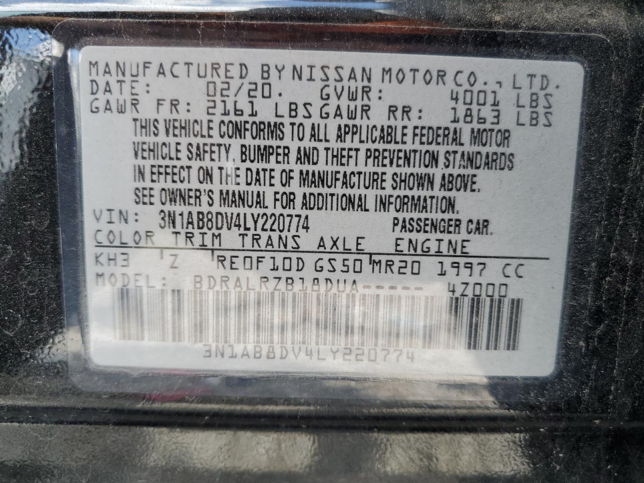 3N1AB8DV4LY220774 2020 Nissan Sentra Sr