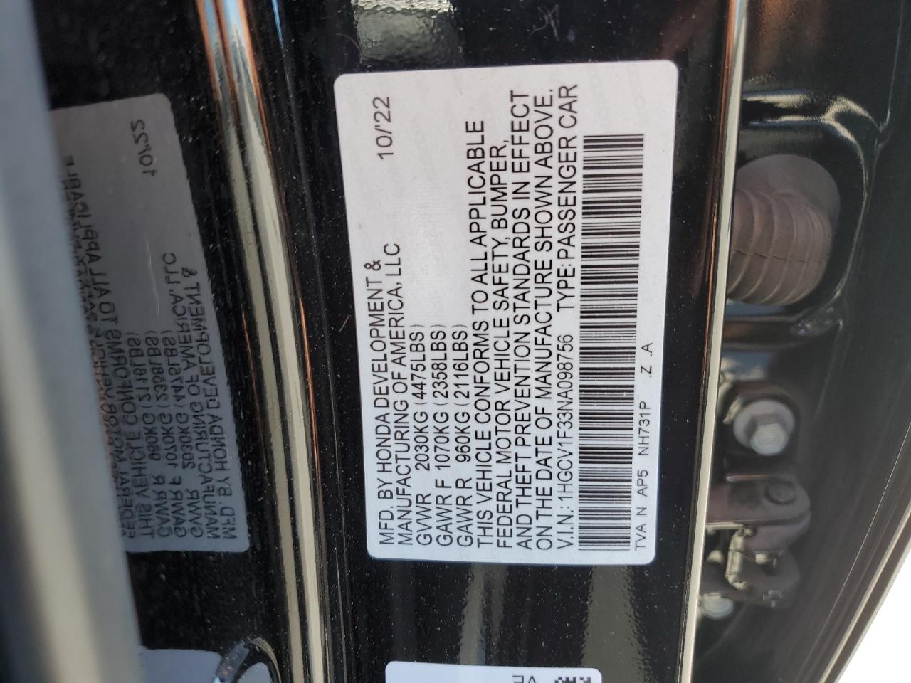 1HGCV1F33NA098756 2022 Honda Accord Sport