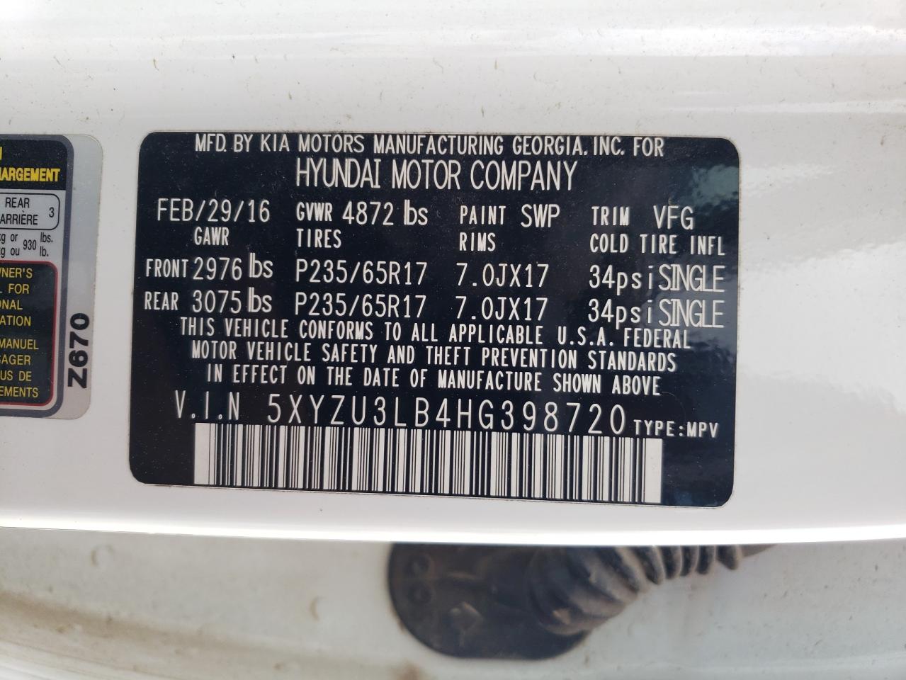 5XYZU3LB4HG398720 2017 Hyundai Santa Fe Sport