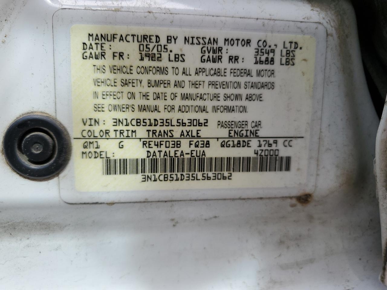 3N1CB51D35L563062 2005 Nissan Sentra 1.8