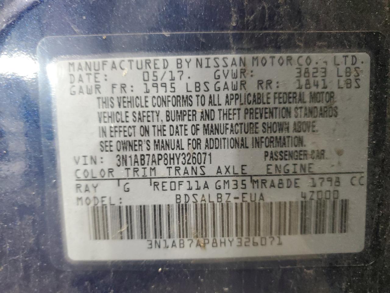 3N1AB7AP8HY326071 2017 Nissan Sentra S