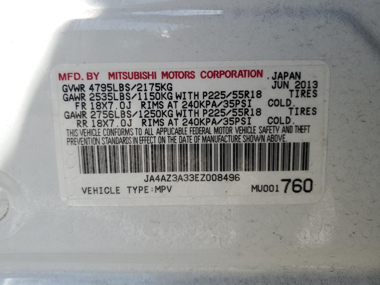 JA4AZ3A33EZ008496 2014 Mitsubishi Outlander Se