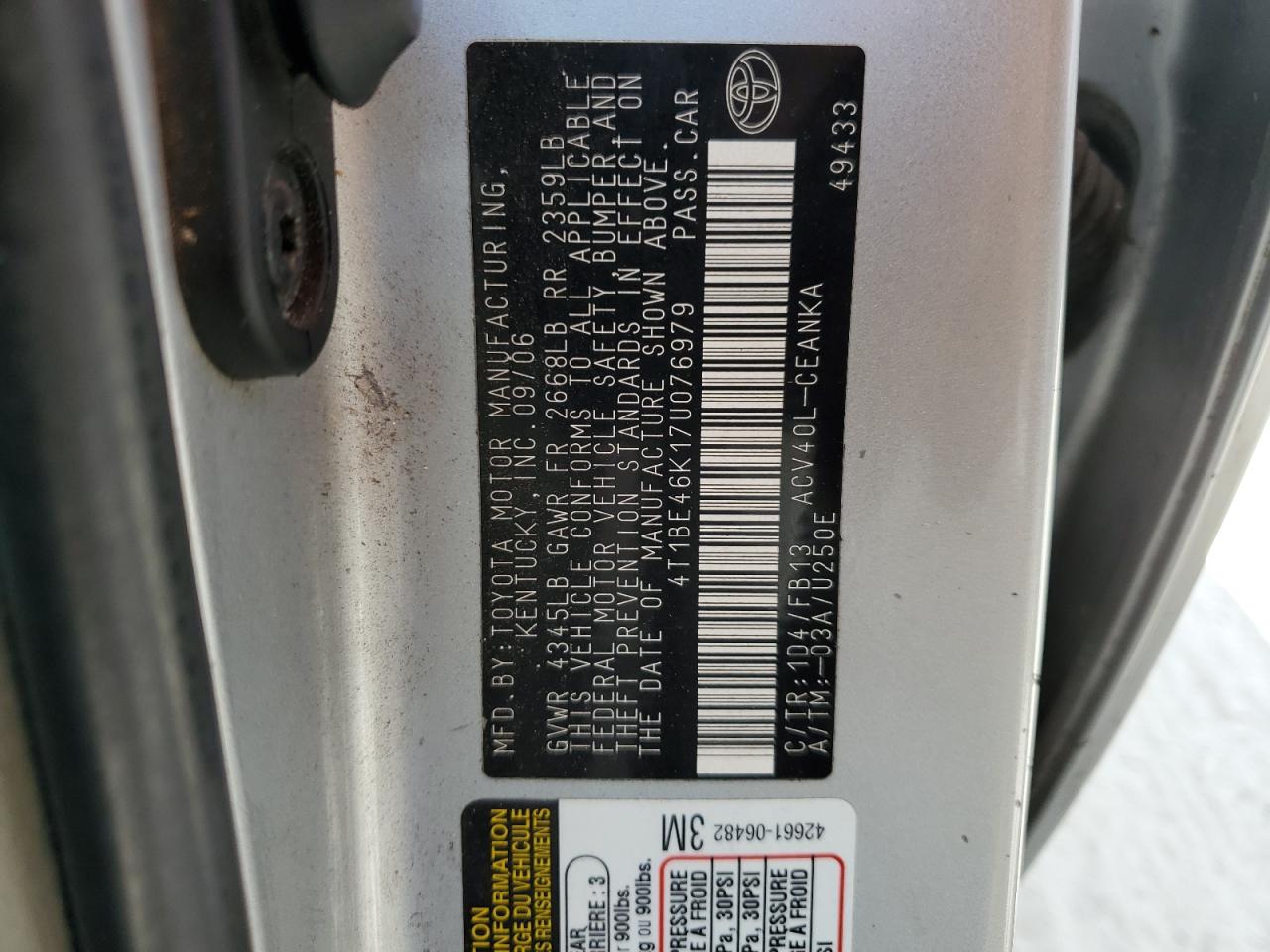 4T1BE46K17U076979 2007 Toyota Camry Ce