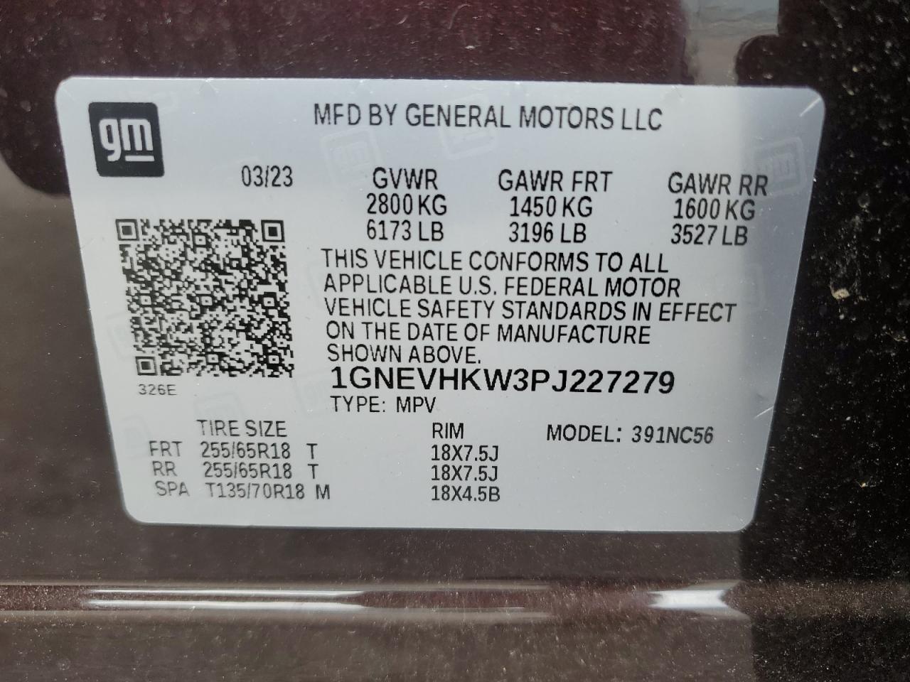 1GNEVHKW3PJ227279 2023 Chevrolet Traverse Lt