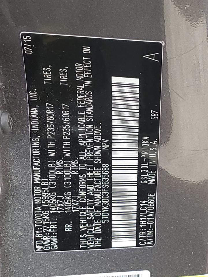 5TDYK3DC3FS635688 2015 Toyota Sienna Xle