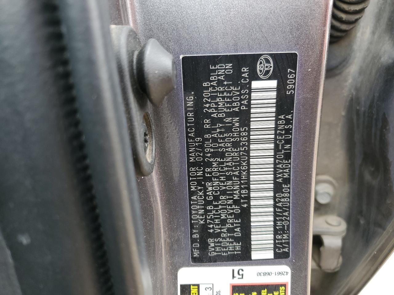 4T1B11HK6KU753685 2019 Toyota Camry L