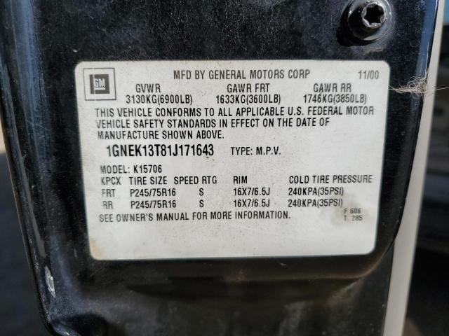 2001 Chevrolet Tahoe K1500 VIN: 1GNEK13T81J171643 Lot: 56923294