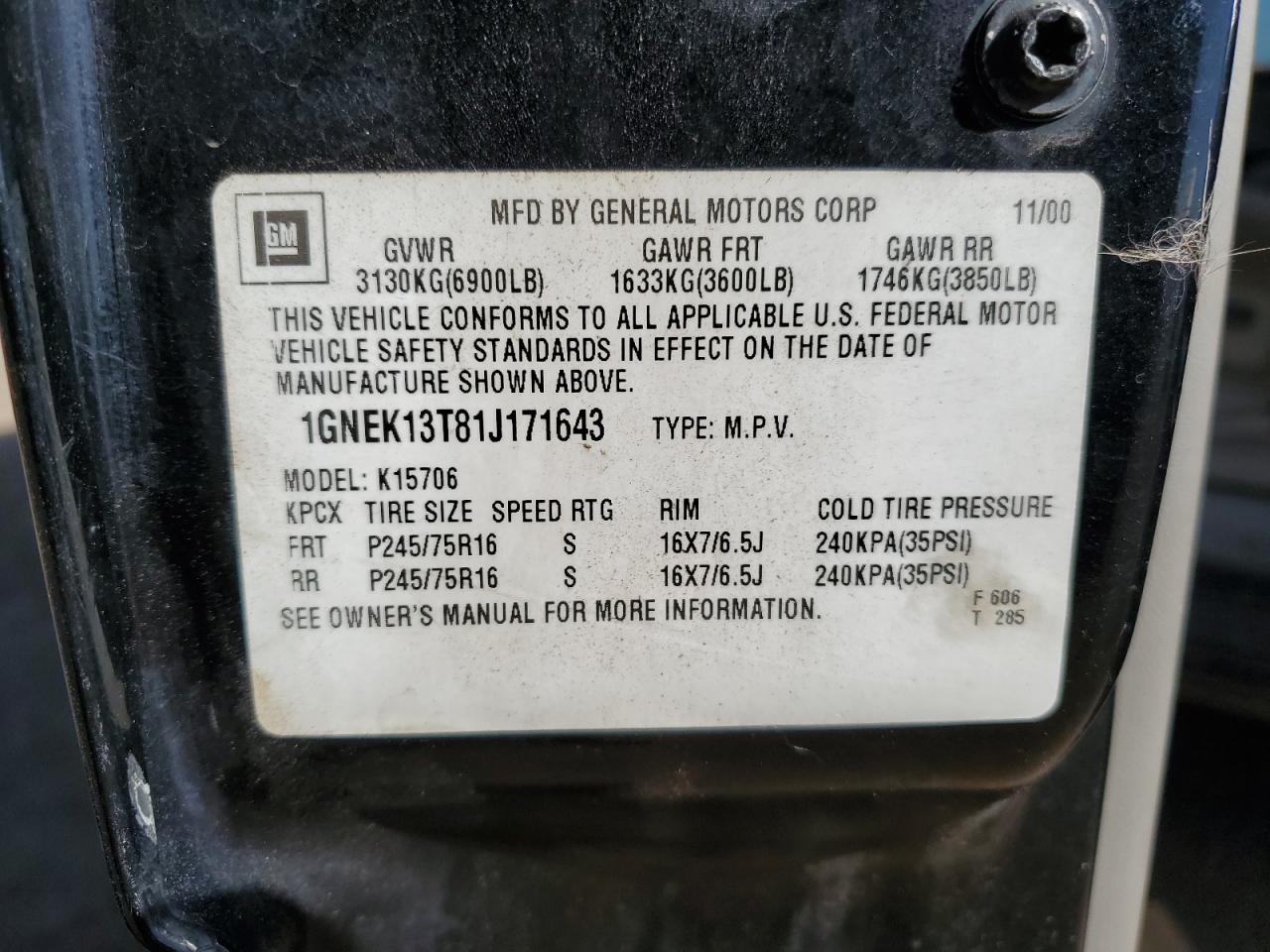 1GNEK13T81J171643 2001 Chevrolet Tahoe K1500