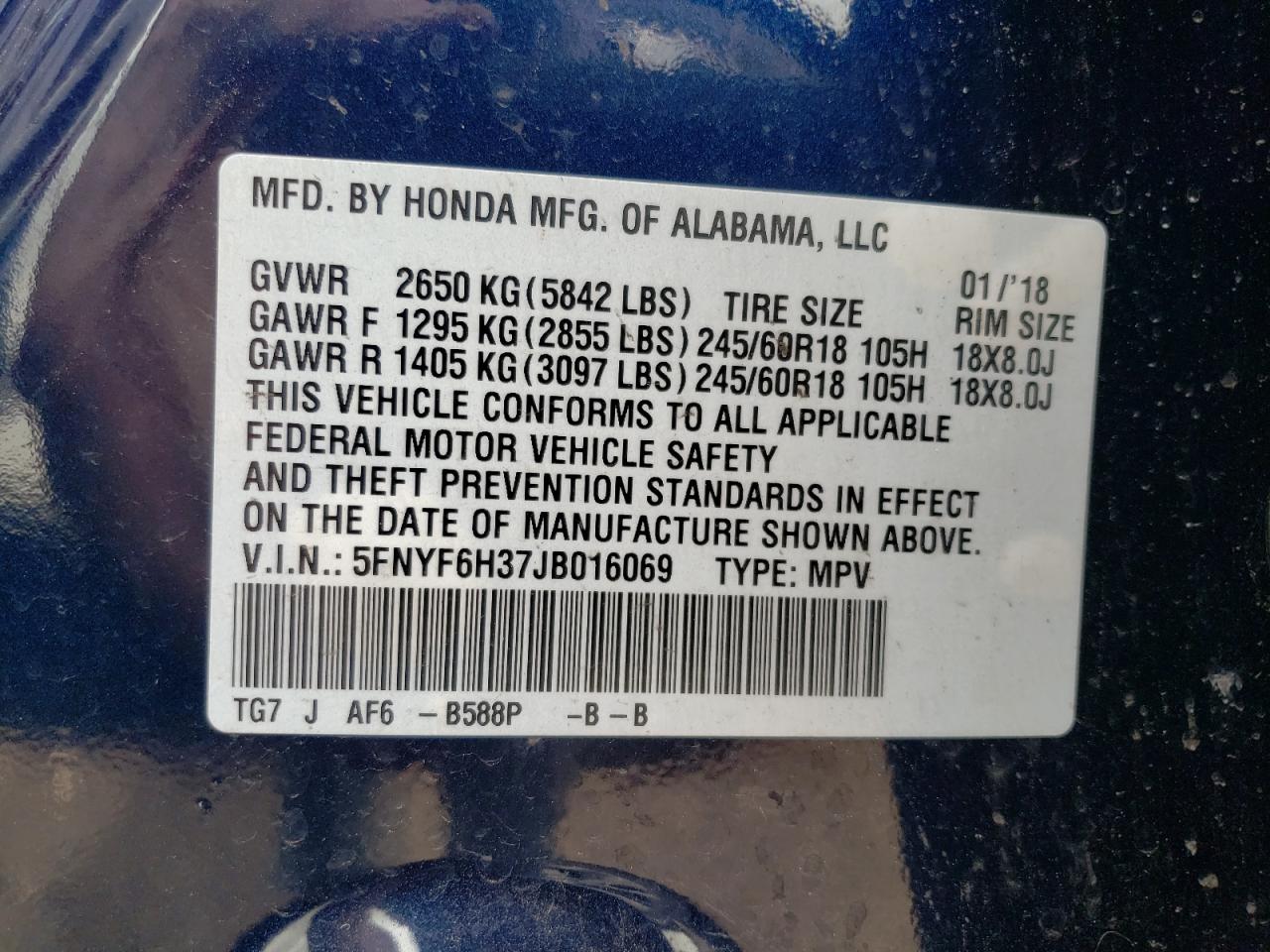 5FNYF6H37JB016069 2018 Honda Pilot Ex