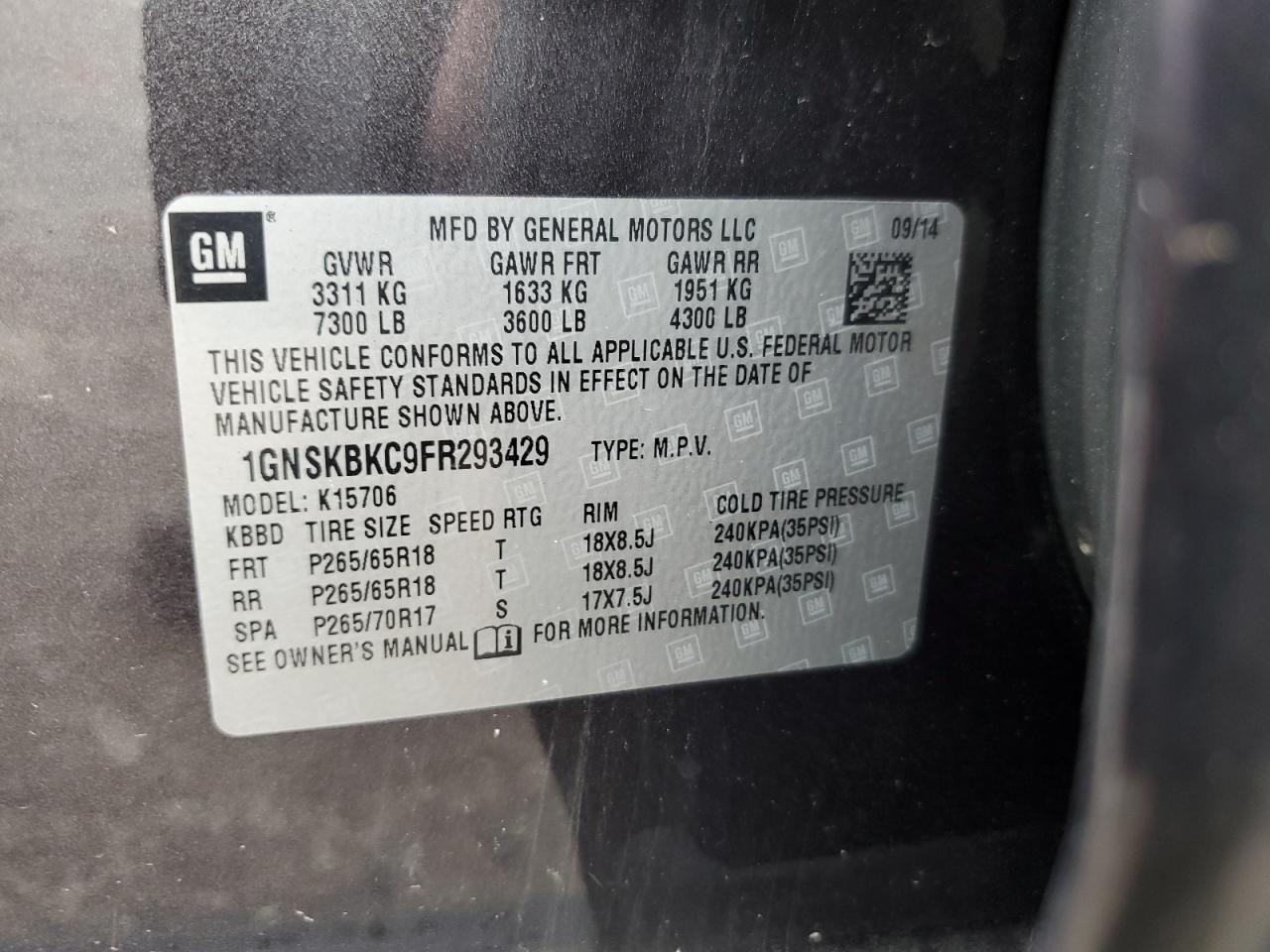 1GNSKBKC9FR293429 2015 Chevrolet Tahoe K1500 Lt