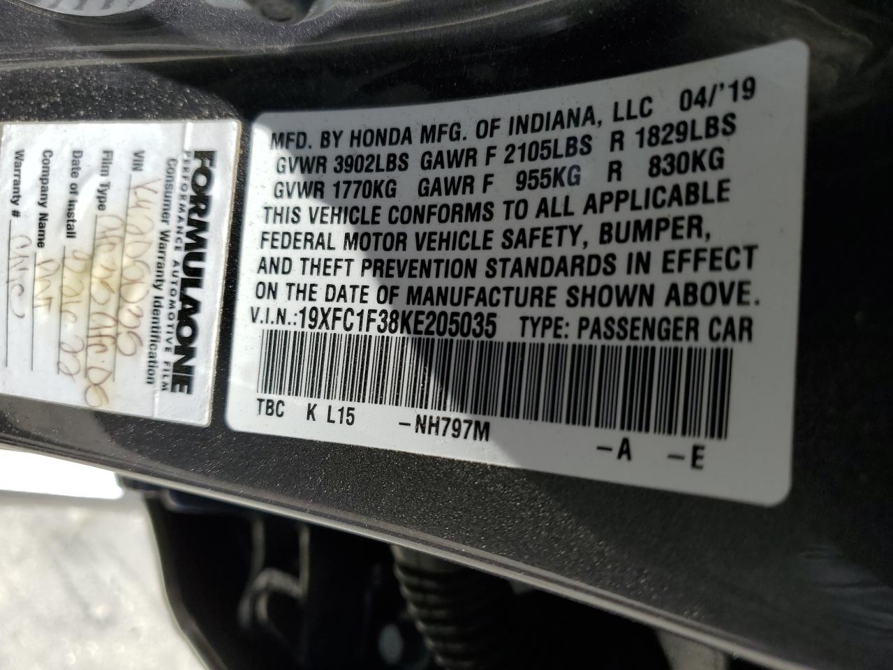 19XFC1F38KE205035 2019 Honda Civic Ex