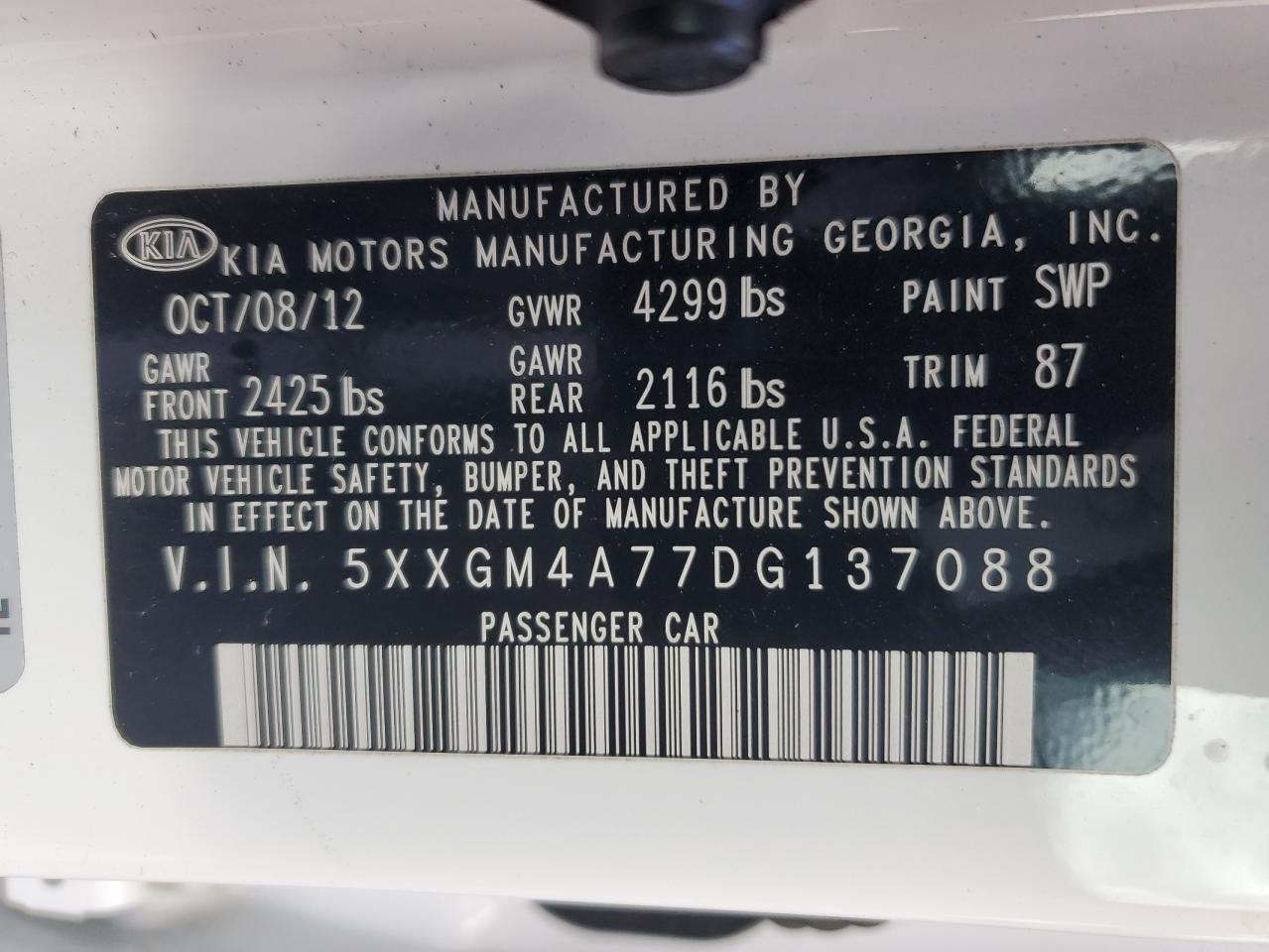 5XXGM4A77DG137088 2013 Kia Optima Lx