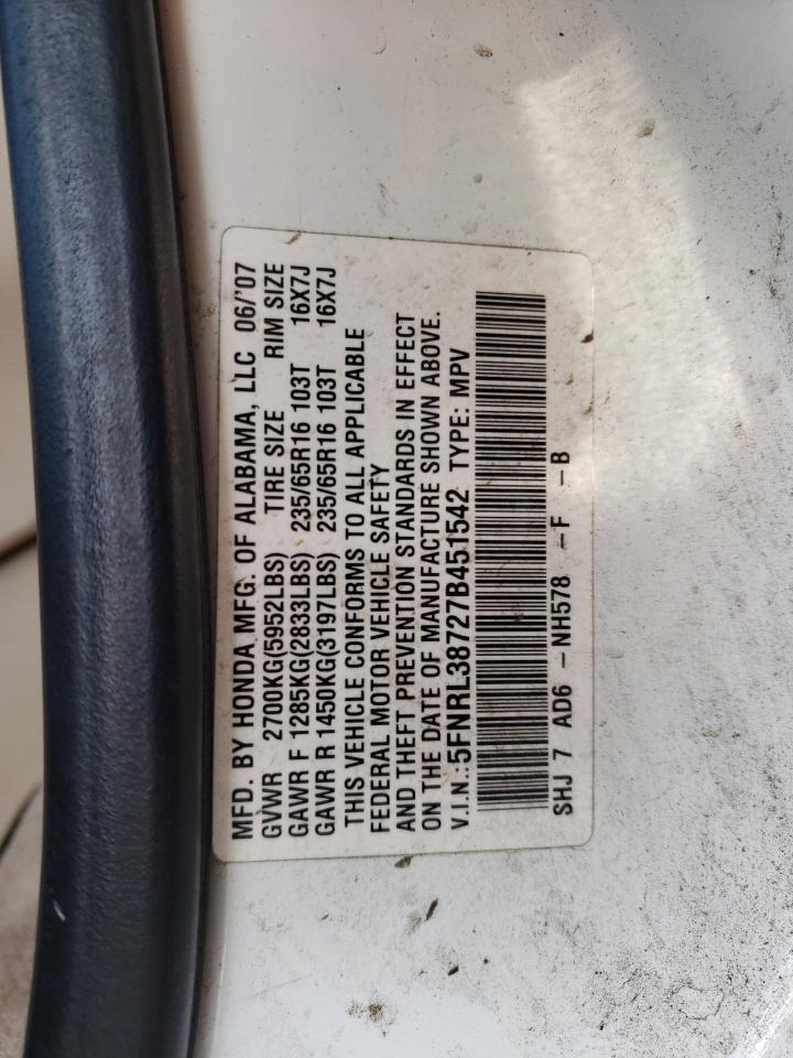 5FNRL38727B451542 2007 Honda Odyssey Exl