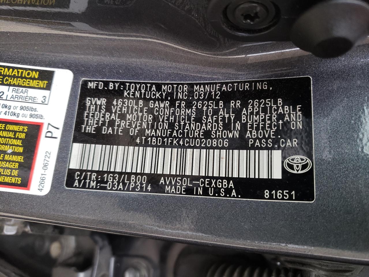 4T1BD1FK4CU020806 2012 Toyota Camry Hybrid