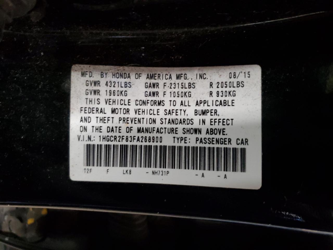 1HGCR2F83FA268900 2015 Honda Accord Exl