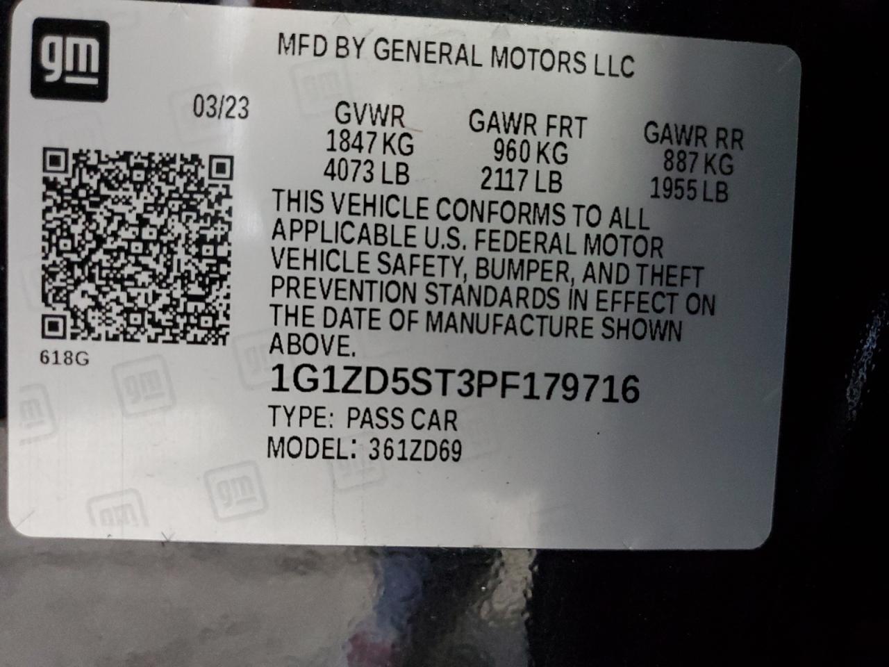 1G1ZD5ST3PF179716 2023 Chevrolet Malibu Lt