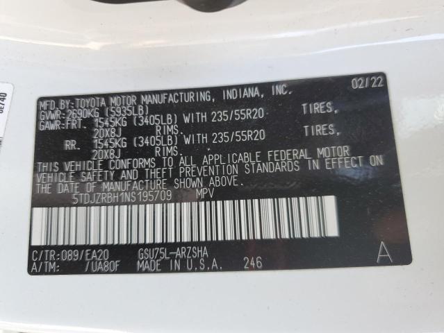 2022 Toyota Highlander Xse VIN: 5TDJZRBH1NS195709 Lot: 53305424