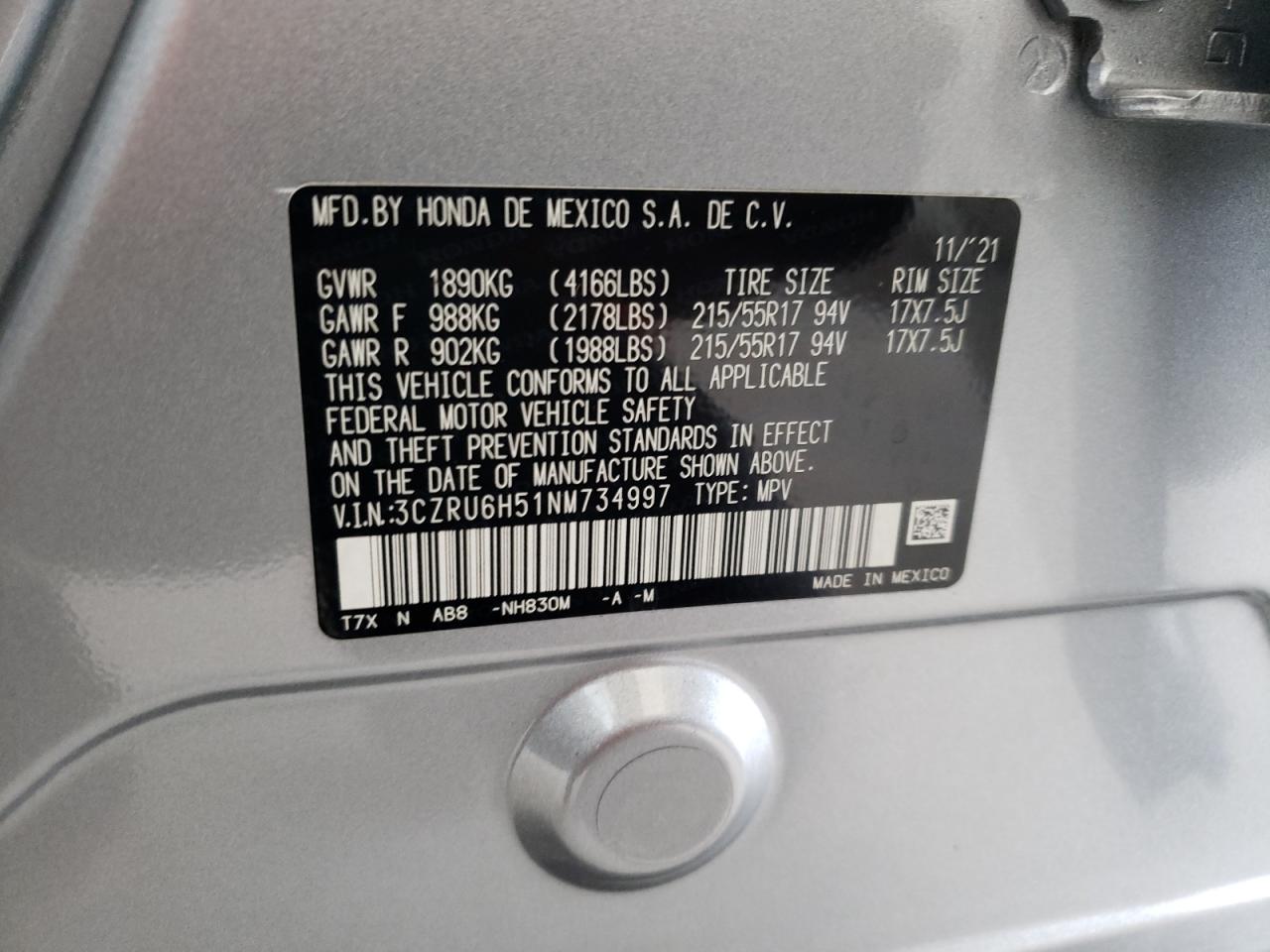 3CZRU6H51NM734997 2022 Honda Hr-V Ex