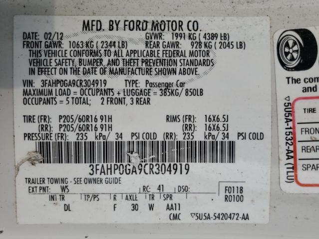 2012 Ford Fusion S VIN: 3FAHP0GA9CR304919 Lot: 56487444