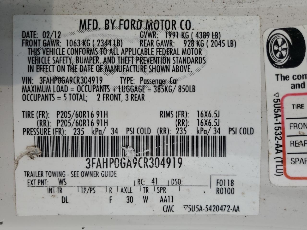 3FAHP0GA9CR304919 2012 Ford Fusion S