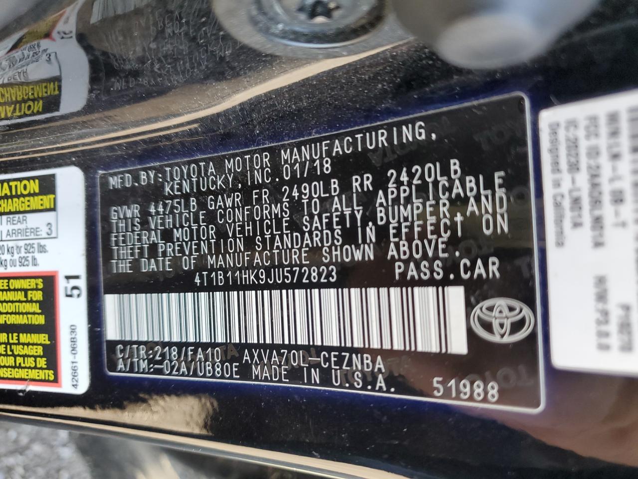 4T1B11HK9JU572823 2018 Toyota Camry L