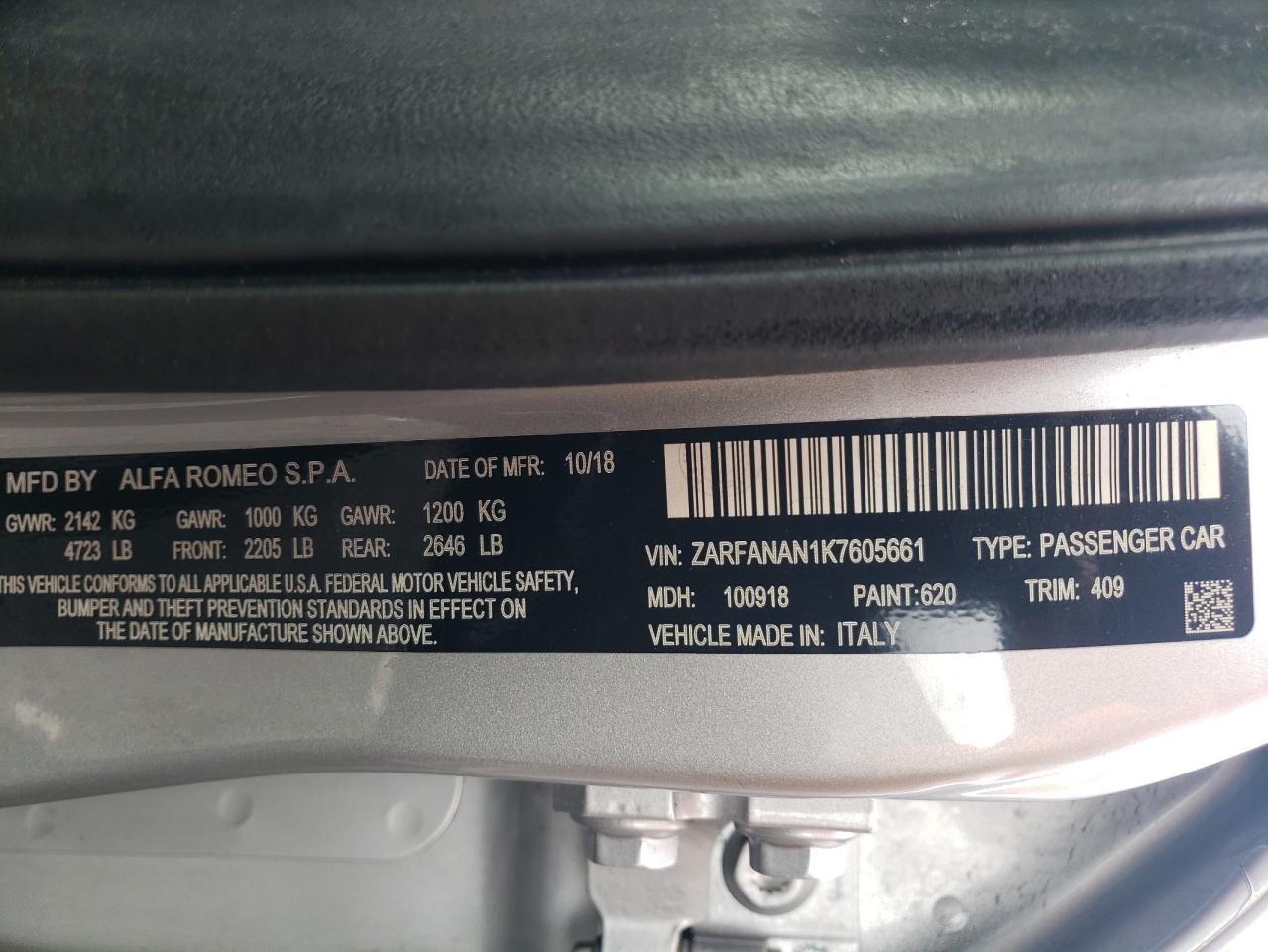 ZARFANAN1K7605661 2019 Alfa Romeo Giulia