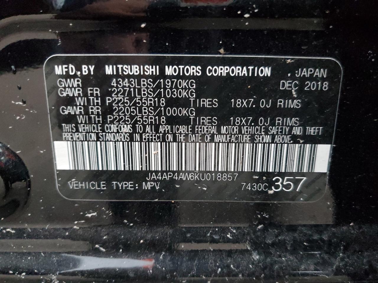 JA4AP4AW6KU018857 2019 Mitsubishi Outlander Sport Se