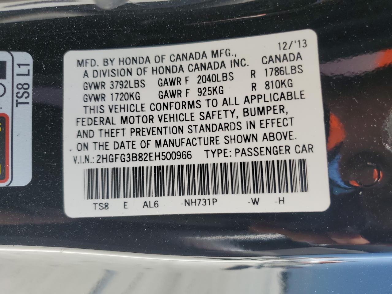 2HGFG3B82EH500966 2014 Honda Civic Ex