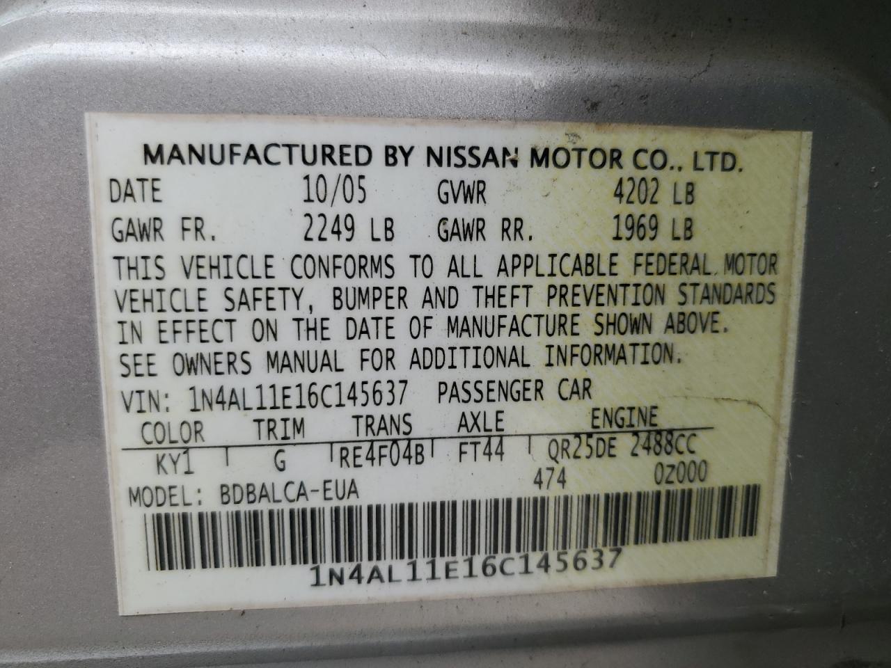 1N4AL11E16C145637 2006 Nissan Altima S