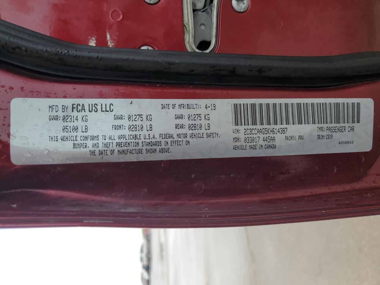 2C3CCAAG5KH614387 2019 Chrysler 300 Touring