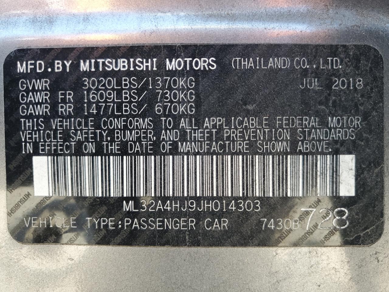 ML32A4HJ9JH014303 2018 Mitsubishi Mirage Se