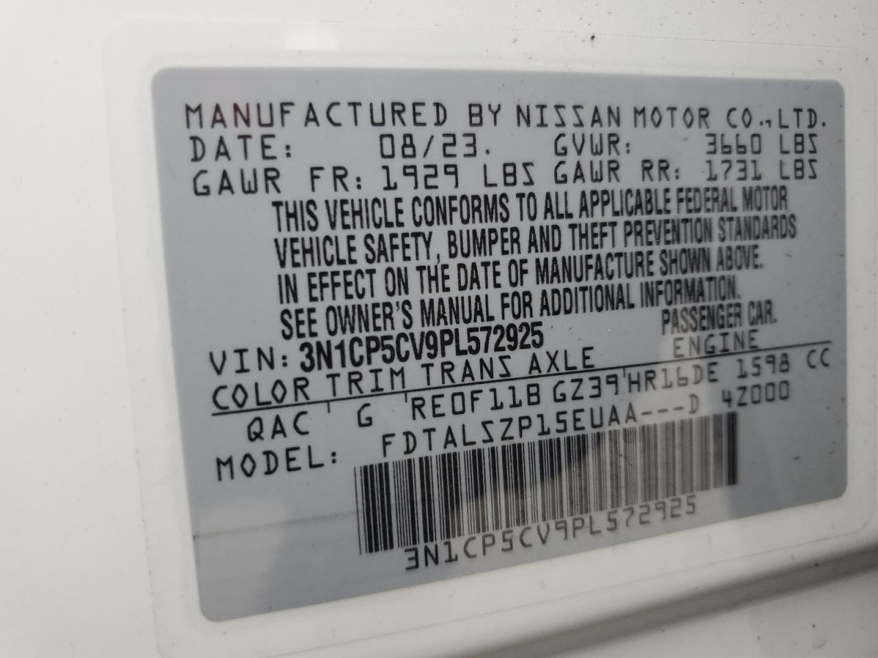 3N1CP5CV9PL572925 2023 Nissan Kicks Sv