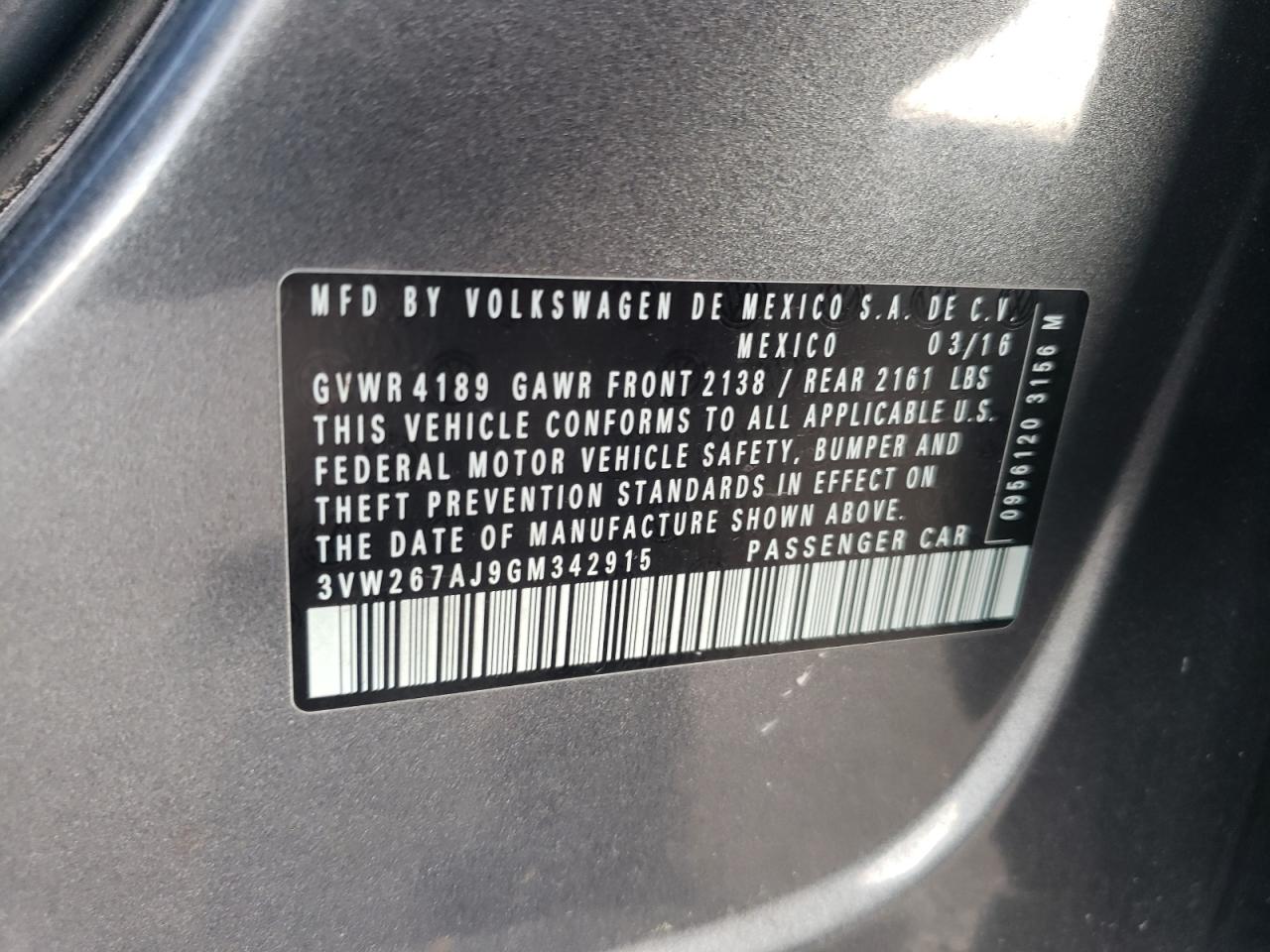 3VW267AJ9GM342915 2016 Volkswagen Jetta S