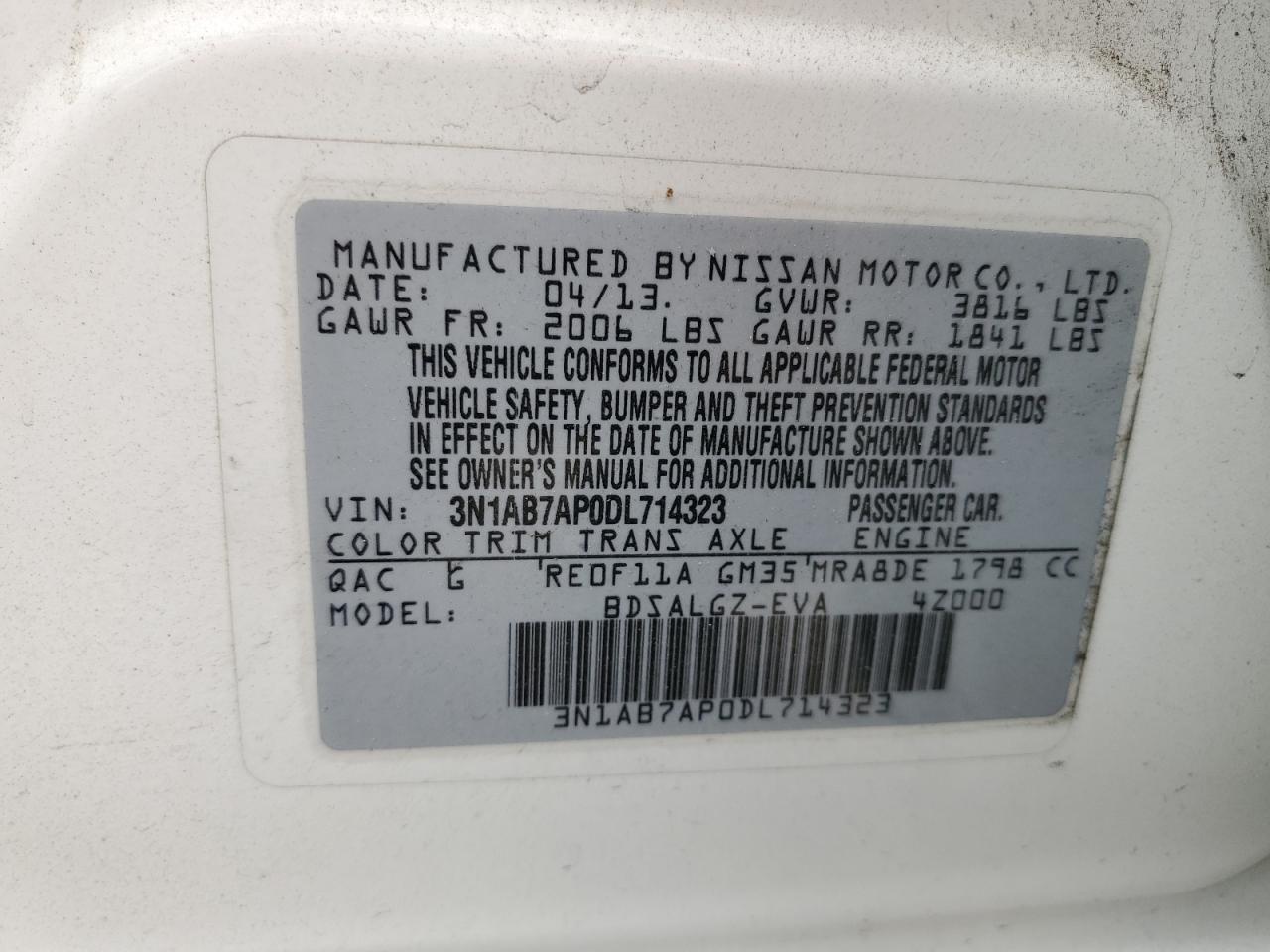 3N1AB7AP0DL714323 2013 Nissan Sentra S