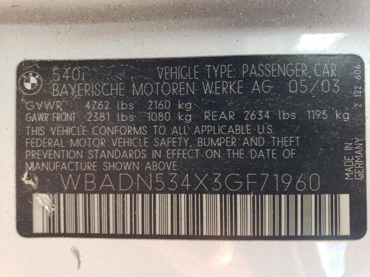 WBADN534X3GF71960 2003 BMW 540 I