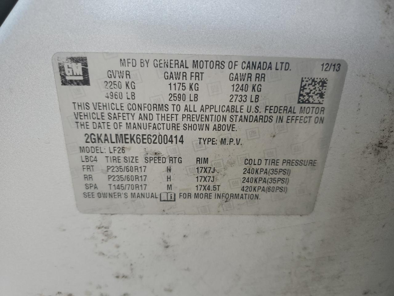 2GKALMEK6E6200414 2014 GMC Terrain Sle