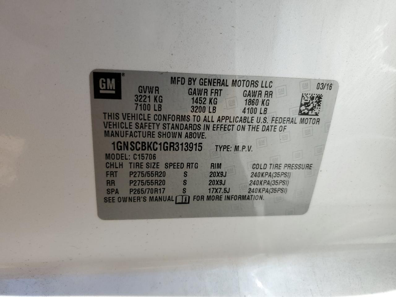 1GNSCBKC1GR313915 2016 Chevrolet Tahoe C1500 Lt