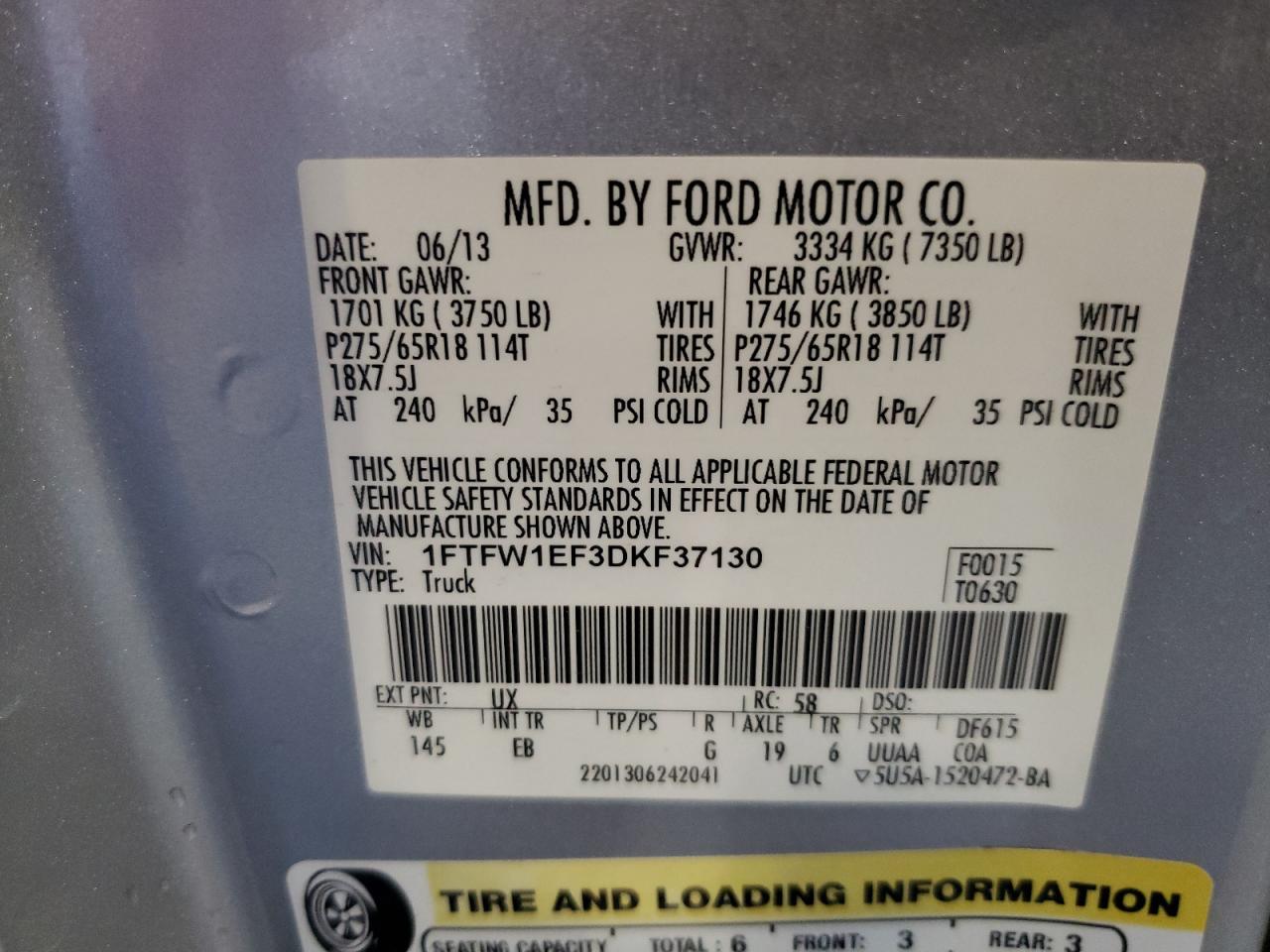 1FTFW1EF3DKF37130 2013 Ford F150 Supercrew