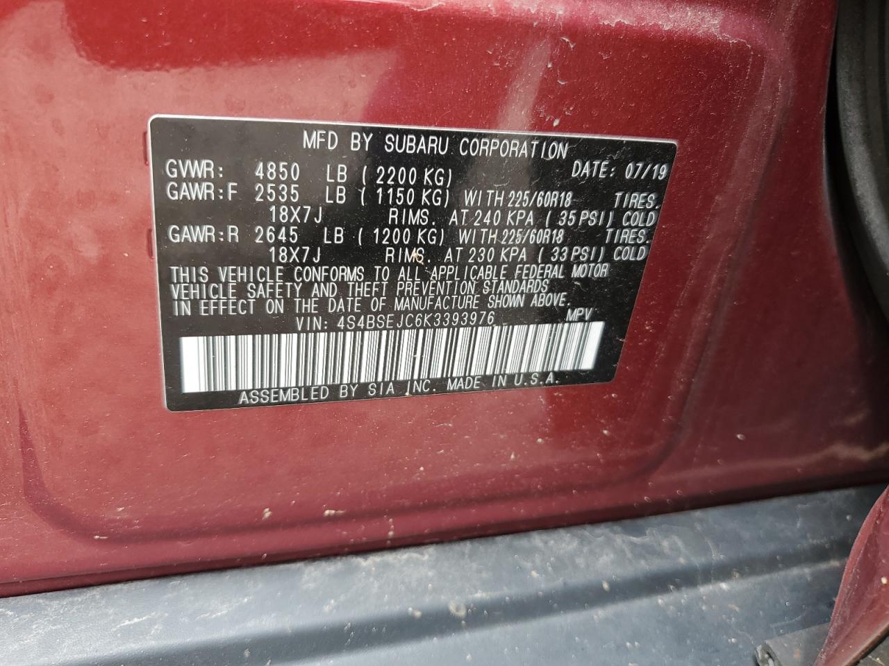 4S4BSEJC6K3393976 2019 Subaru Outback 3.6R Limited