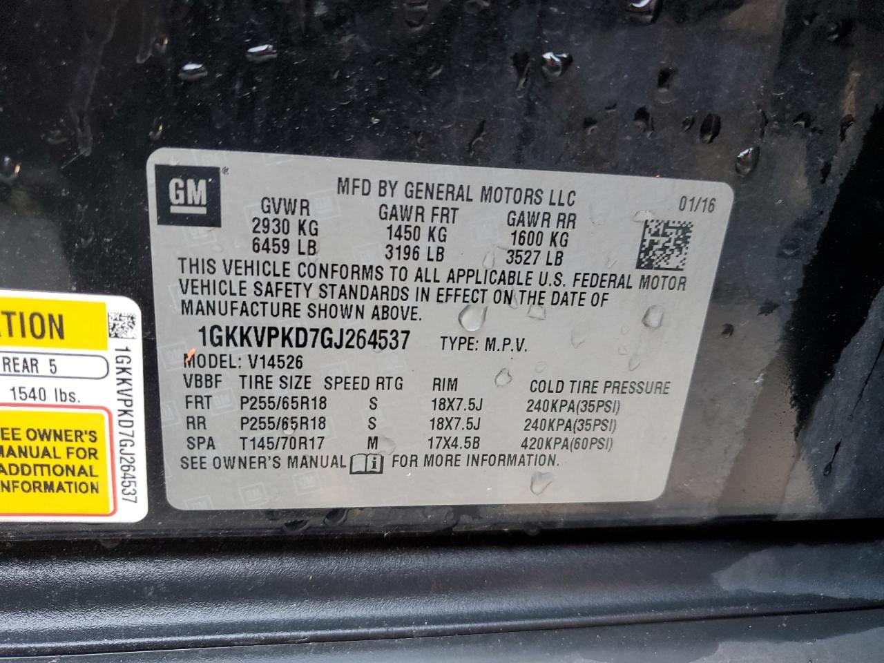 1GKKVPKD7GJ264537 2016 GMC Acadia Sle