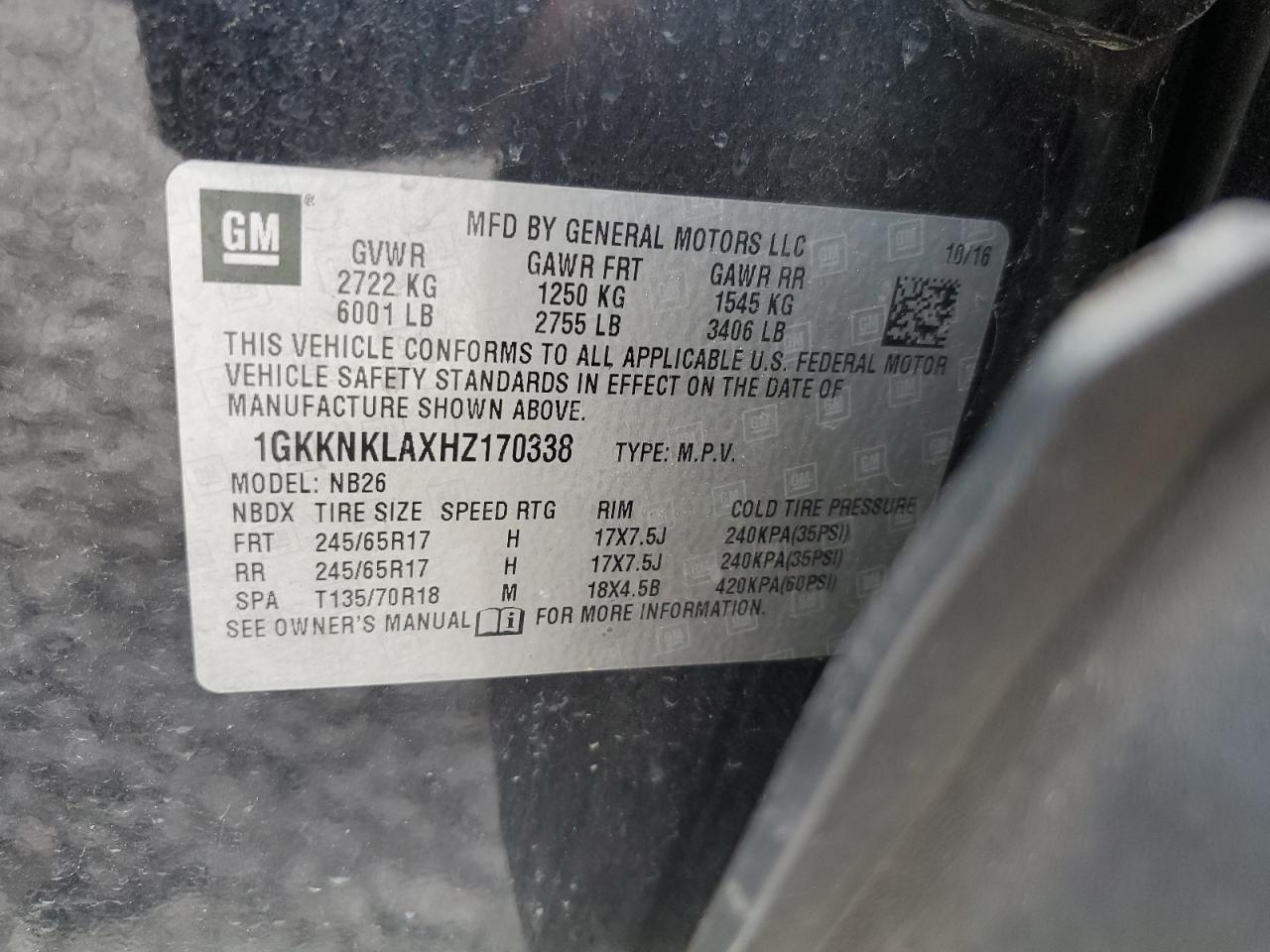 1GKKNKLAXHZ170338 2017 GMC Acadia Sle