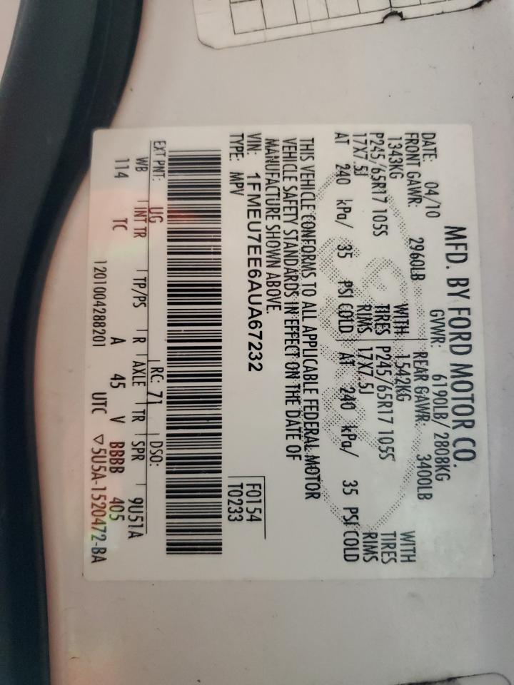 1FMEU7EE6AUA67232 2010 Ford Explorer Eddie Bauer